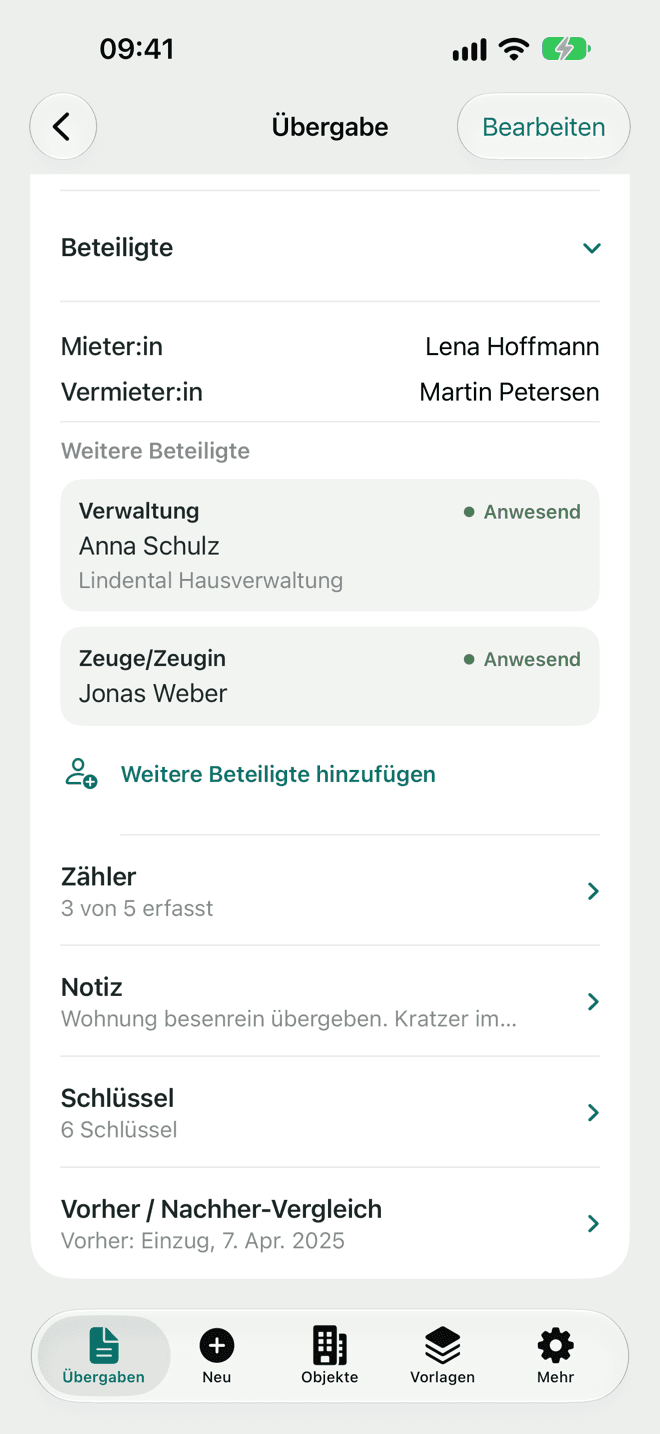 Beteiligte: Mieter:in, Vermieter:in, Verwaltung und Zeuge mit Anwesenheit