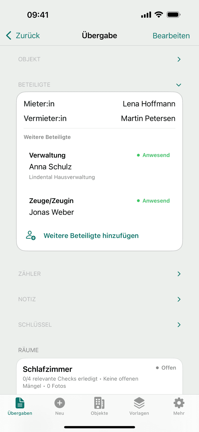 Beteiligte: Mieter:in, Vermieter:in, Verwaltung und Zeuge mit Anwesenheit