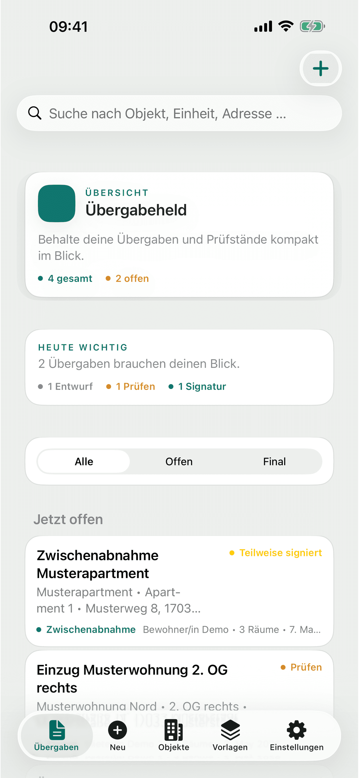 Übersicht: Objekte und anstehende Übergaben