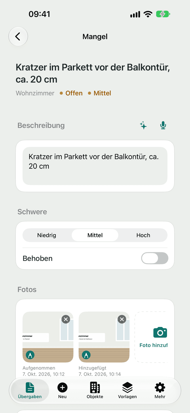 Mangel mit Beschreibung, Schwere und Fotos, jedes Foto mit Stift zum Markieren