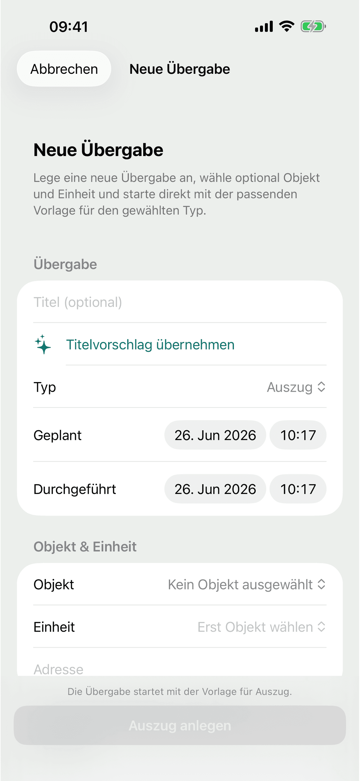 Neue Übergabe anlegen: Einzug oder Auszug, Räume und Beteiligte