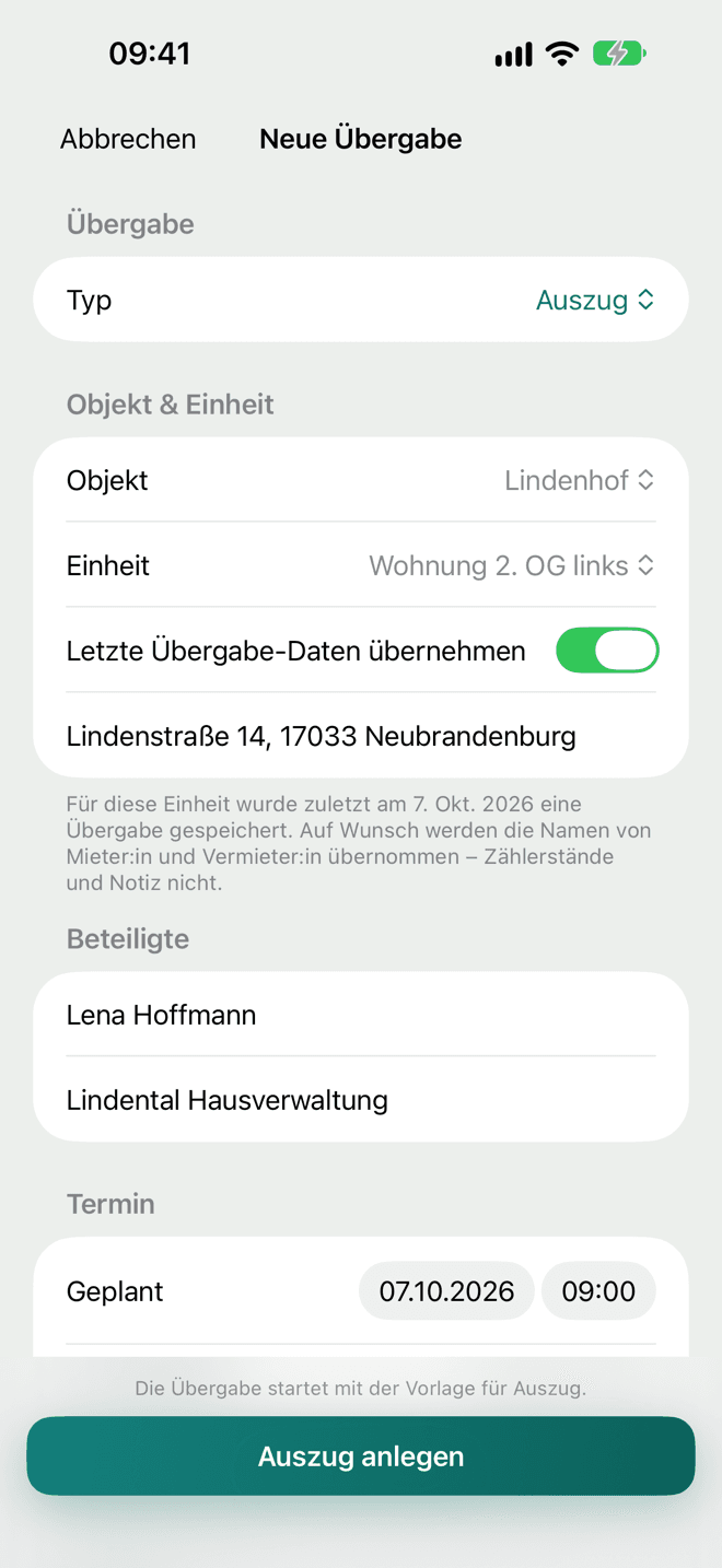 Neue Übergabe anlegen: Typ, Objekt und Einheit, Beteiligte, Termin