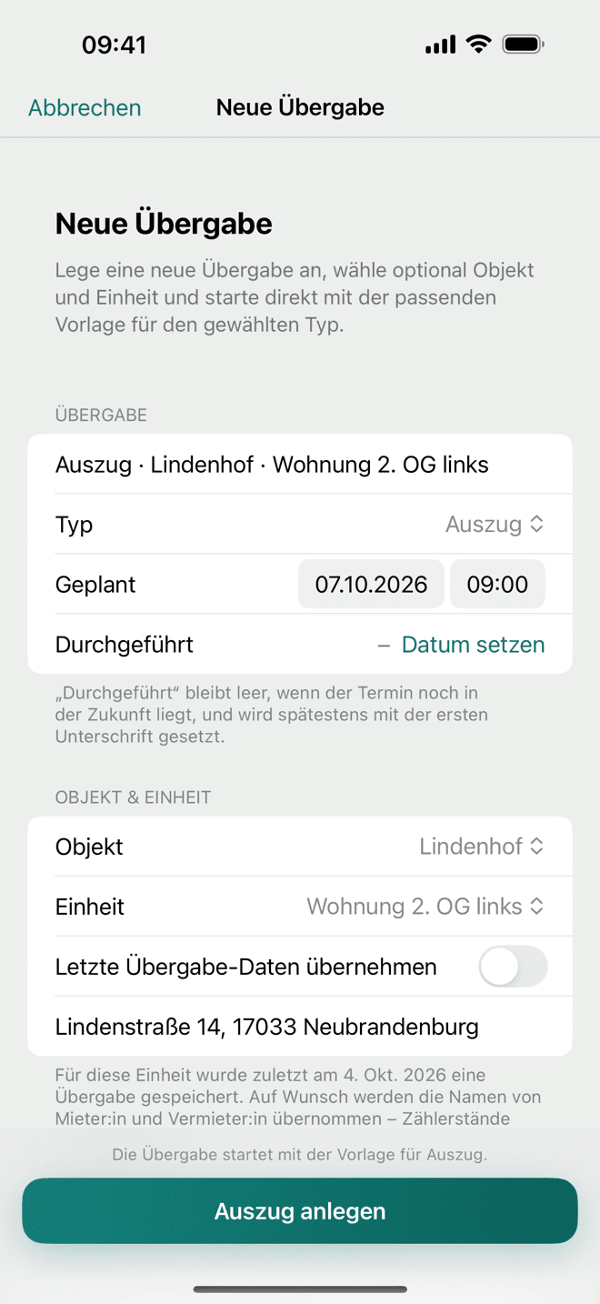 Neue Übergabe anlegen: Typ, Termin, Objekt und Einheit