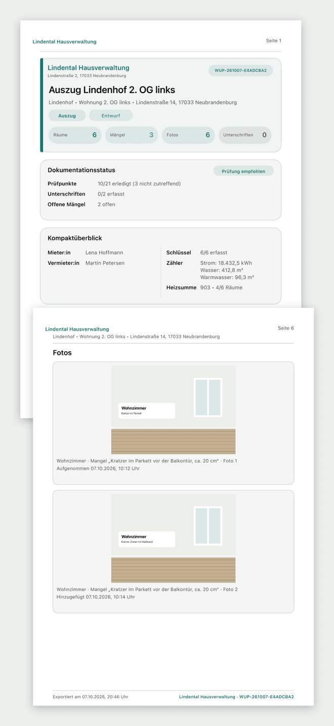 PDF-Protokoll: Deckblatt mit Zählerständen in kWh und m³, dazu die Fotoseite
