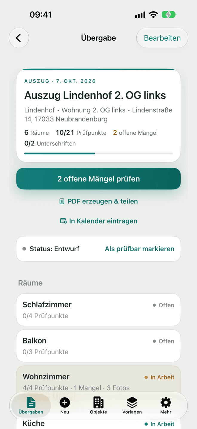 Übergabe im Detail: Fortschritt, offene Mängel, Status und Räume mit Prüfpunkten