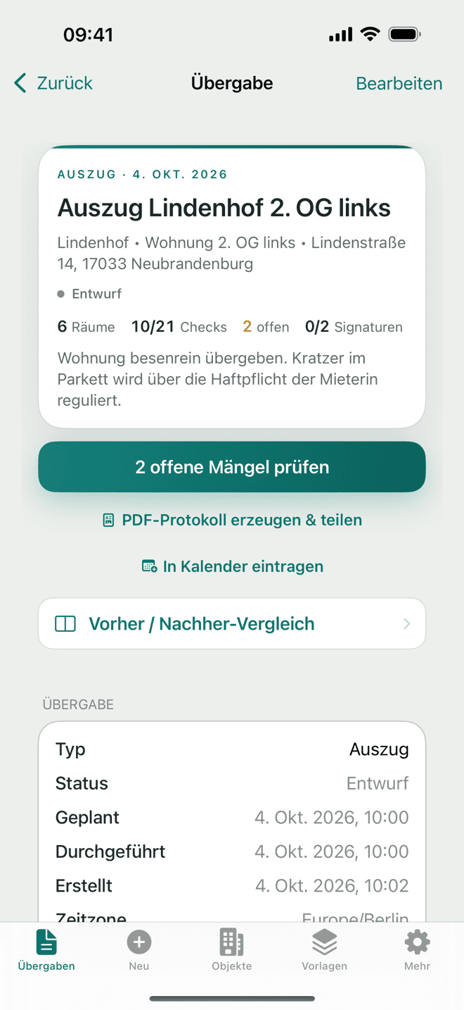 Übergabe im Detail: Räume, Checks, offene Mängel, Notiz