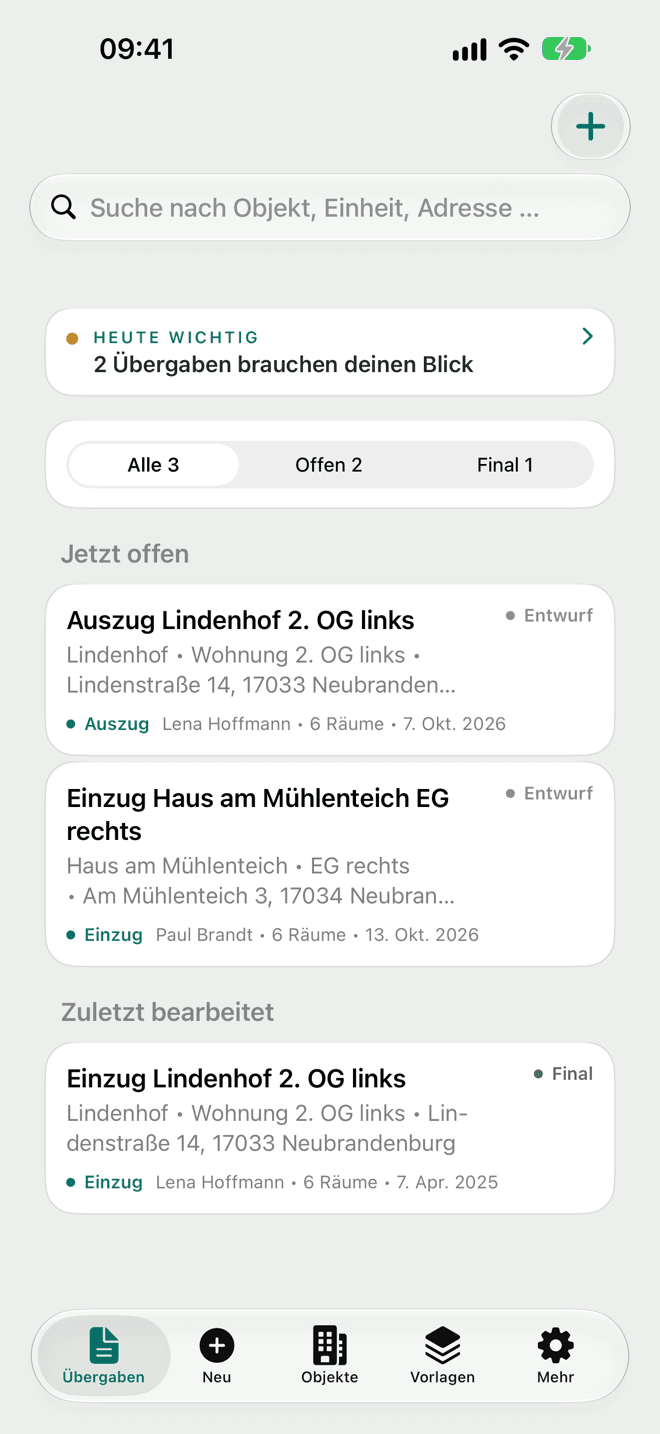 Übersicht: offene und zuletzt bearbeitete Übergaben, Filter nach Status