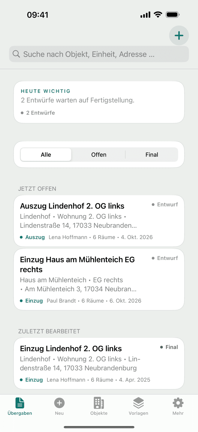 Übersicht: offene und abgeschlossene Übergaben